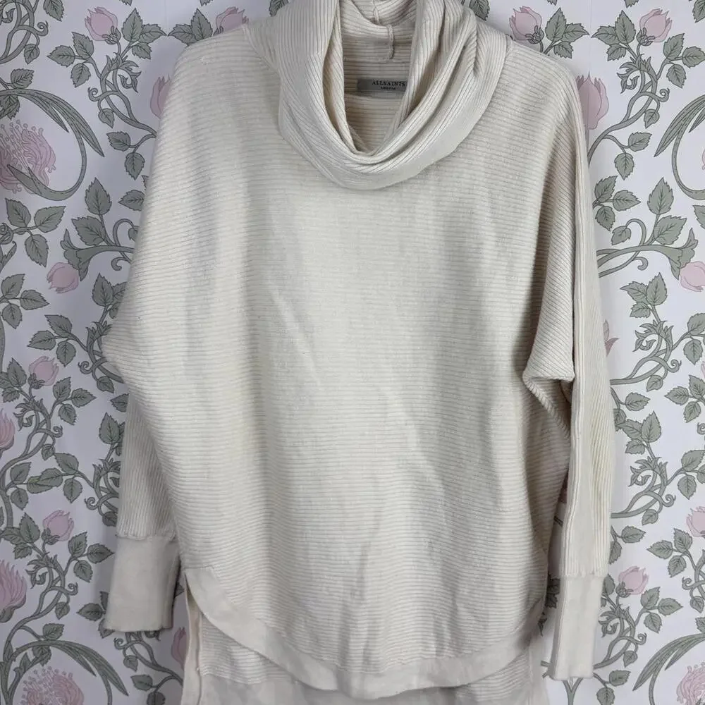 All Saints Cream Oversized Wool Cotton Rio Roll Neck Sweater - Size - Medium